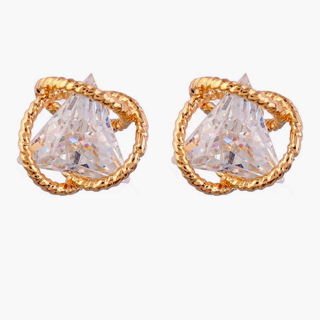 Elegant 14kt Gold Dip Geometric White Sapphire Stud Earrings